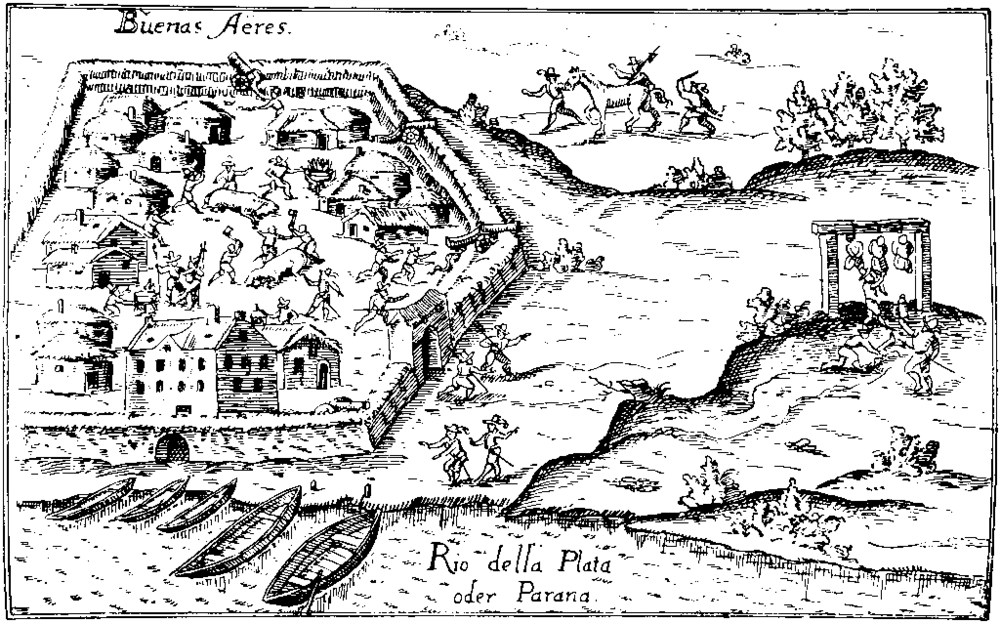 Vroege Buenos Aires Nederzetting bij Rio de la Plata Historische zwart-wit schets van vroege Buenos Aires nederzetting met vestingwerken, boten en inheemse mensen nabij Rio de la Plata