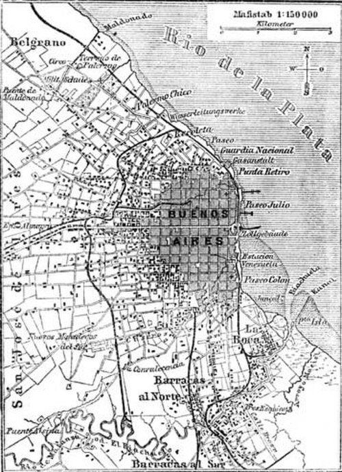 Historische kaart van Buenos Aires stad en Rio de la Plata Vintage zwart-wit kaart van Buenos Aires stad met wijken, straten en Rio de la Plata kustlijn.