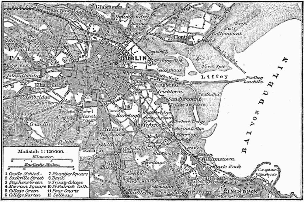 Vintage Kaart van de Stad Dublin en de Baai van Dublin Vintage zwart-wit kaart van de stad Dublin en de Baai van Dublin met belangrijke bezienswaardigheden en omliggende gebieden