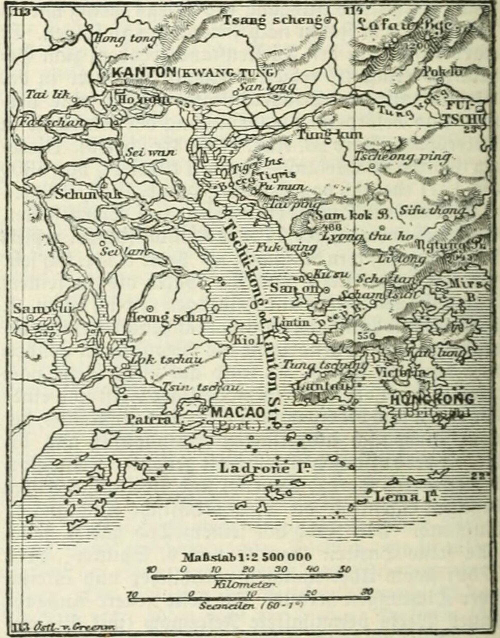 Antieke kaart van de regio's Kanton, Macao en Hong Kong Vintage kaart die de regio's van Kanton, Macao en Hong Kong toont met rivieren en eilanden gedetailleerd.