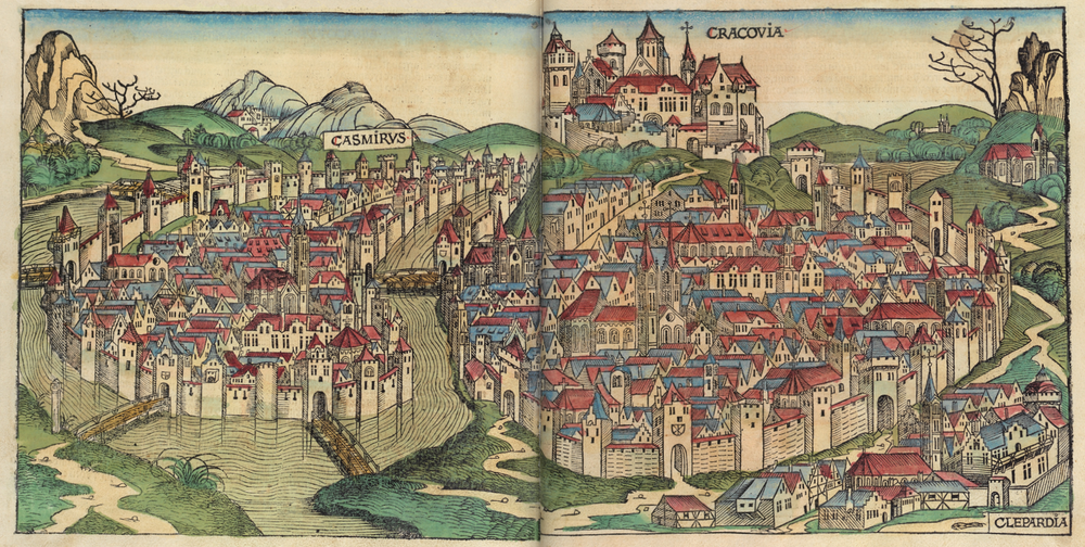 Middeleeuwse kaart van de steden Casmirys en Cracovia Historische kaartillustratie van middeleeuwse steden Casmirys en Cracovia met gedetailleerde stadsmuren en gebouwen