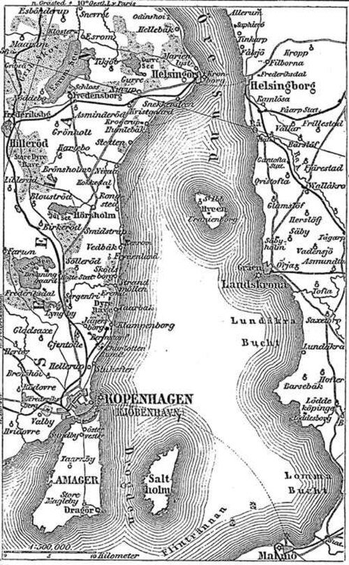 Vintage kaart van Kopenhagen en Helsingborg regio Vintage kaart met Kopenhagen, Helsingborg, Helsingor en omliggende gebieden met gedetailleerde topografie en waterwegen.