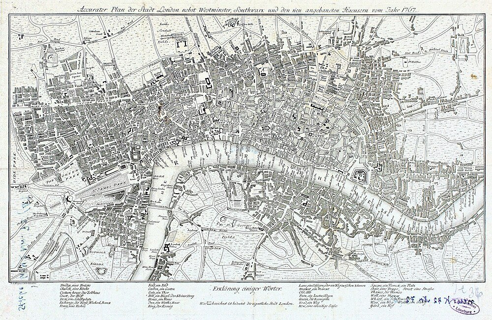 Gedetailleerde historische kaart van Londen uit 1767 met Westminster, Southwark en nieuw gebouwde huizen langs de rivier de Theems