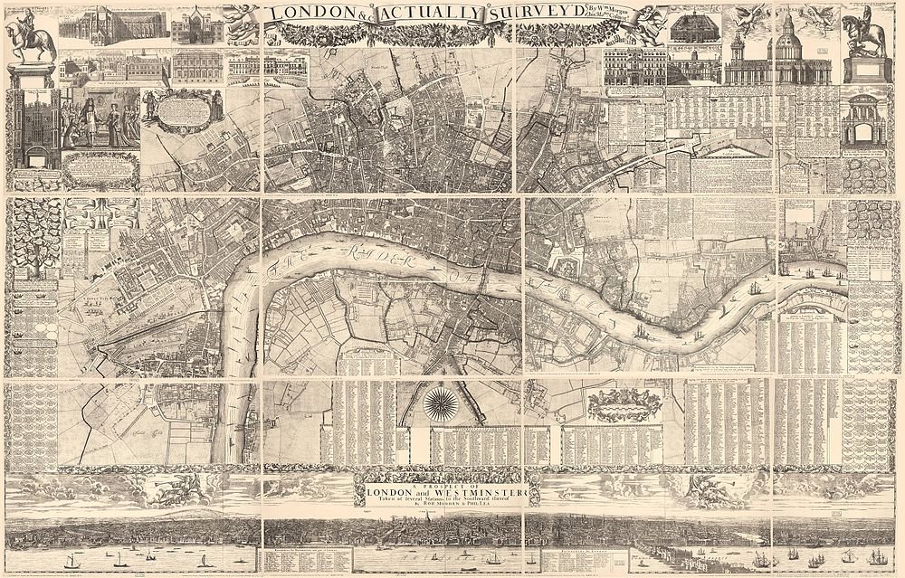 Gedetailleerde vintage kaart van Londen en Westminster met rivier de Theems, bezienswaardigheden en historische illustraties uit 17e-eeuwse survey