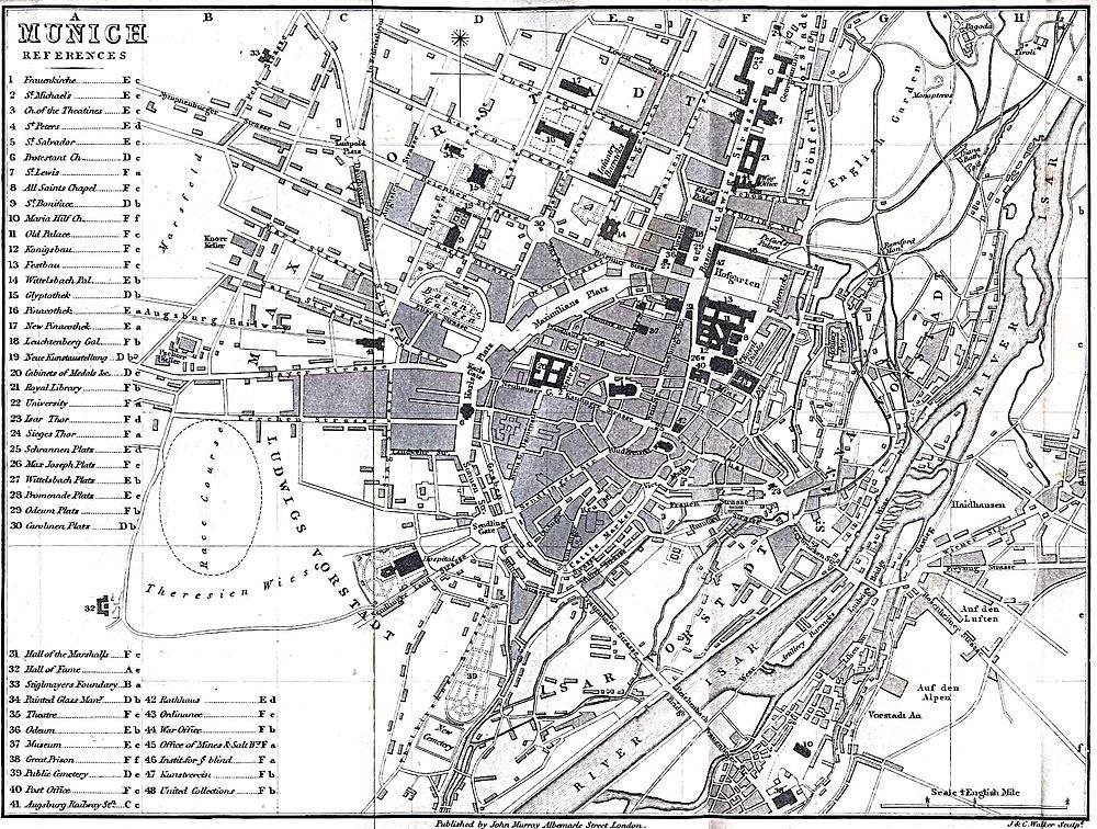 Vintage kaart van München met bezienswaardigheden en straten Gedetailleerde vintage kaart van het stadscentrum van München met bezienswaardigheden, straten en verwijzingen uit de historische 19e-eeuwse indeling