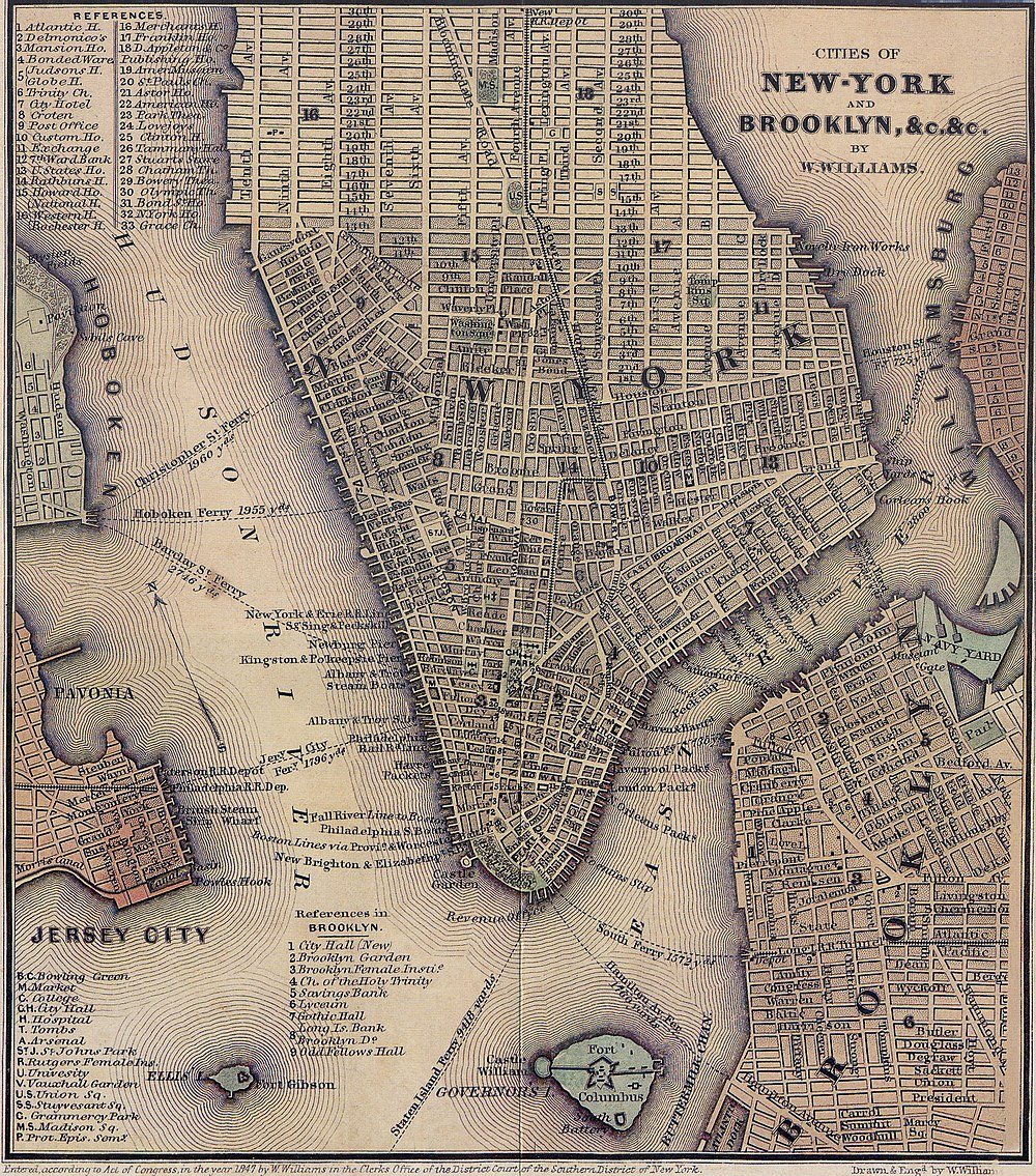 Antieke Kaart van New York City, Brooklyn en Jersey City Vintage gedetailleerde kaart van New York City en Brooklyn met Jersey City en Governors Island, met straten en veerbootroutes