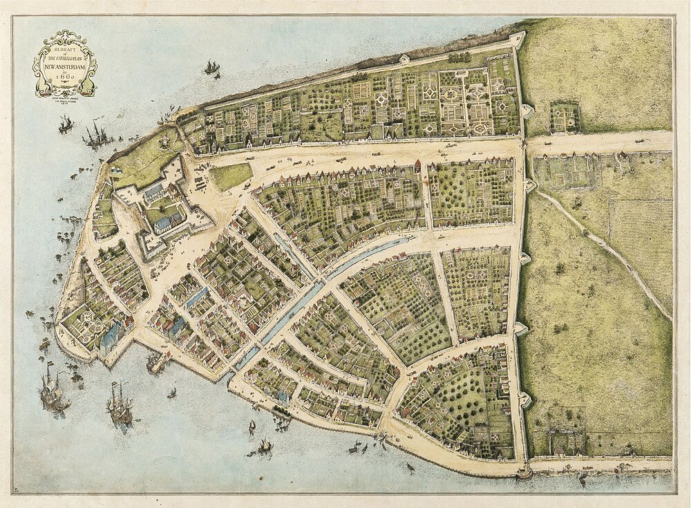 1660 Kaart van Nieuw Amsterdam Stadsindeling Historische kaart van 1660 van Nieuw Amsterdam met gedetailleerde stadsindeling, straten, kanalen en vestingwerken aan de waterkant