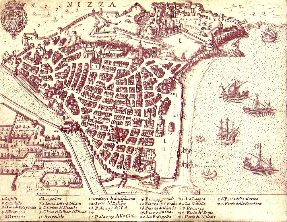 Antieke gedetailleerde kaart van de stad Nizza met vestingwerken, straten, gebouwen en zeilschepen in de haven, historische illustratie.