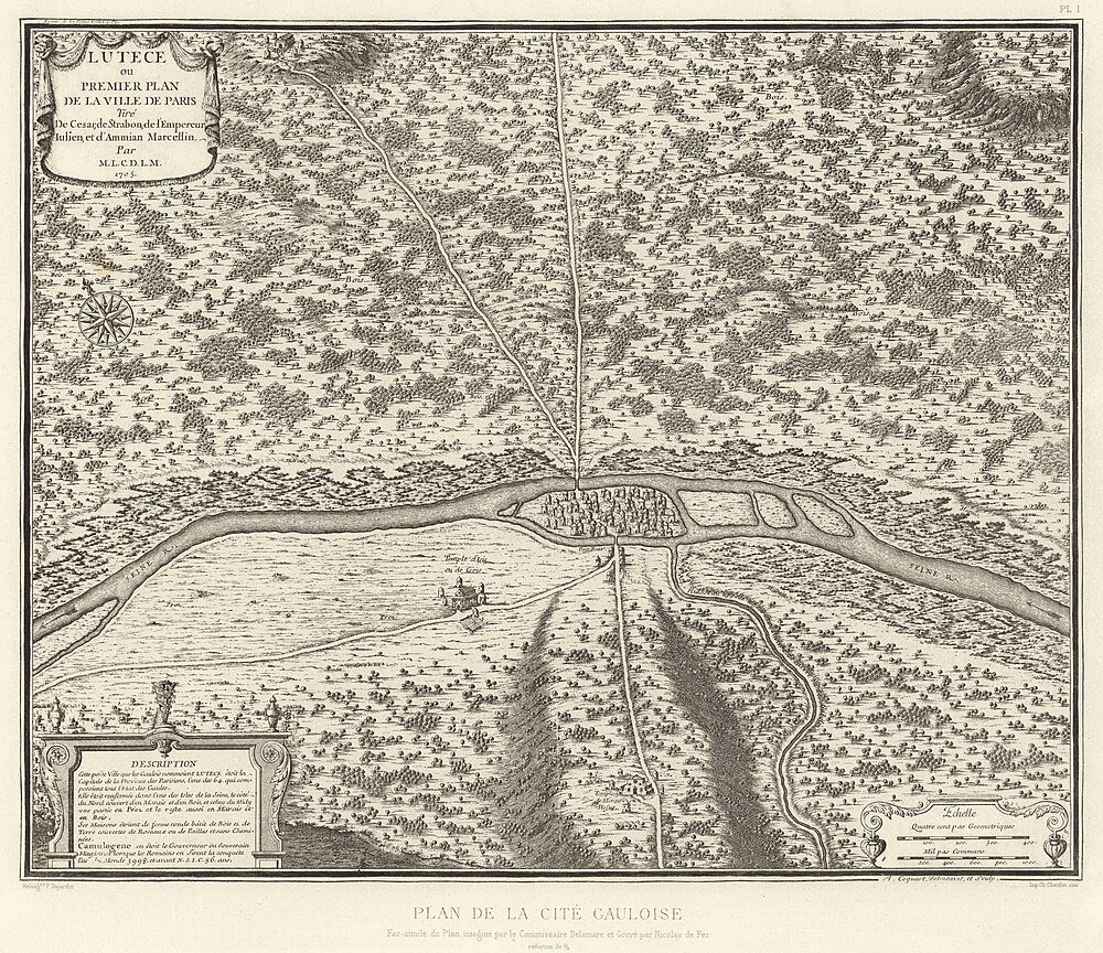 Antieke Kaart van Lutèce, Oud Parijs 1754 Antieke kaart van Lutèce, de oude stad Parijs, met de rivier de Seine en vroege stadsindeling uit 1754.