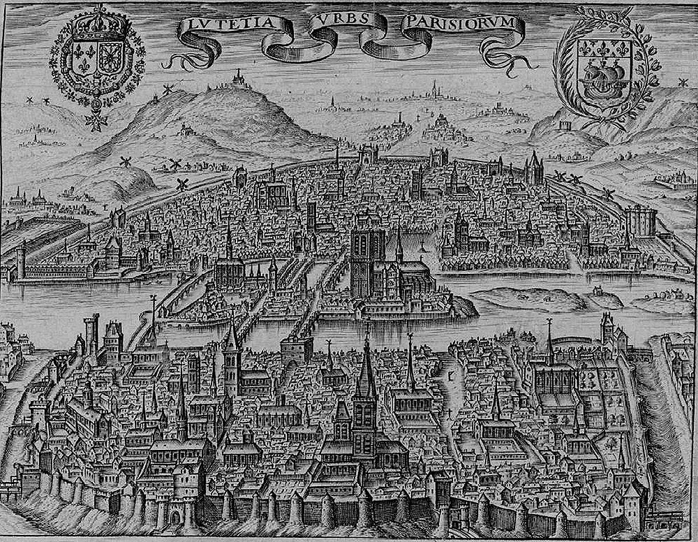 Gegraveerde Kaart van Oud Parijs Lutetia Parisiorum Historische zwart-wit kaartgravure van Lutetia Parisiorum, oude stad Parijs met gedetailleerde gebouwen en stadsmuren