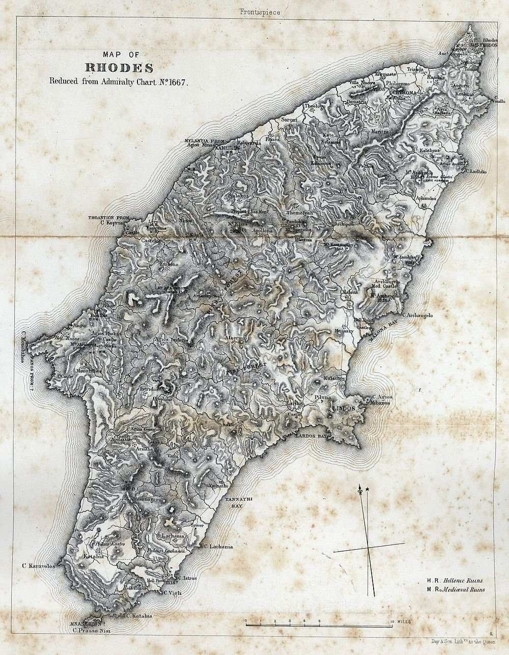 Vintage Kaart van het Eiland Rhodos met Terrein en Ruïnes Gedetailleerde vintage kaart van het eiland Rhodos met terrein, ruïnes, kastelen en belangrijke locaties van Admiralty Chart No. 1667