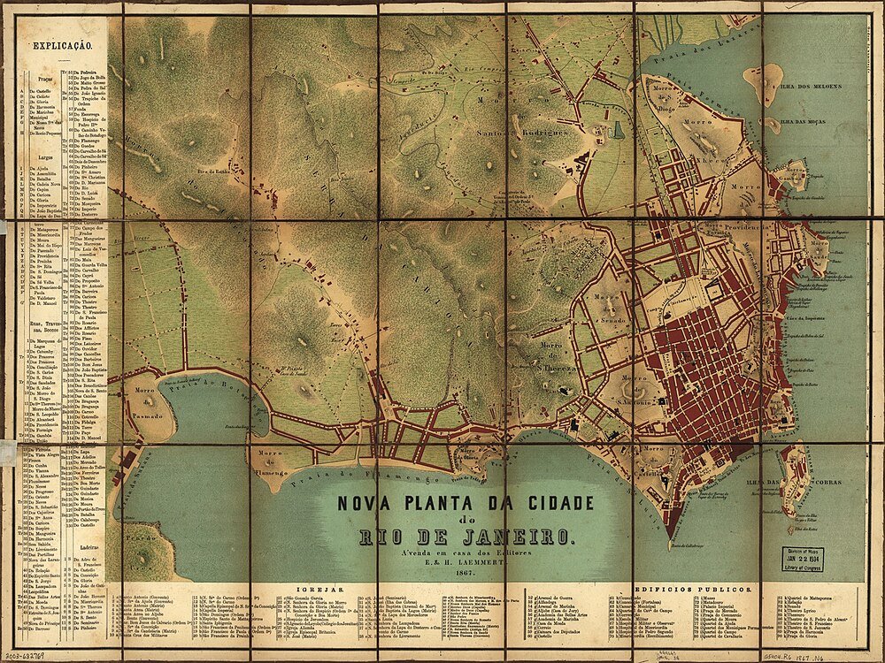 1867 Vintage Kaart van Rio de Janeiro Stad Vintage 1867 kaart van Rio de Janeiro stad met gedetailleerde straten, bezienswaardigheden en topografie met legenda in het Portugees