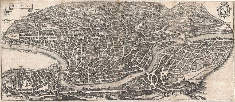 Vintage Gegraveerde Kaart van de Stad Rome Gedetailleerde vintage kaart van de stad Rome met straten, gebouwen en bezienswaardigheden langs de Tiber in een oude gravurestijl