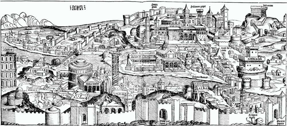 Vintage Houtsnede Kaart van Oud Rome Gedetailleerde vintage houtsnede kaart van het oude Rome met iconische bezienswaardigheden en stadsmuren in zwart-wit illustratie