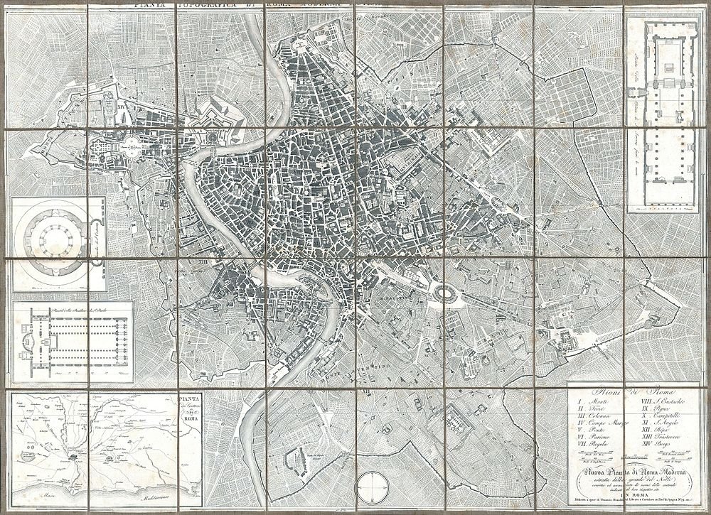 Vintage Topografische Kaart van Rome met Bezienswaardigheden Gedetailleerde vintage topografische kaart van Rome met stadsindeling, bezienswaardigheden en omliggende gebieden met inzetplannen.