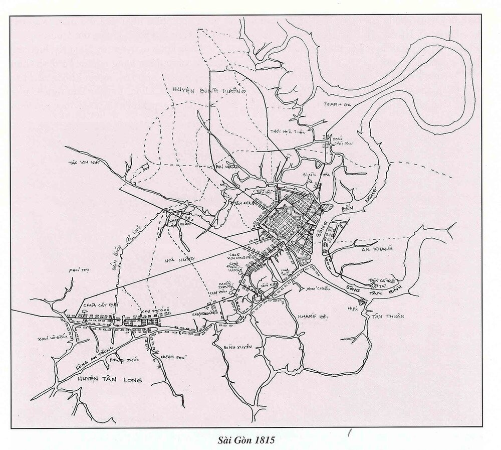 Saigon stadskaart uit het jaar 1815 Historische kaart van Saigon in 1815 met districten, rivieren en belangrijke bezienswaardigheden in het vroege 19e-eeuwse Vietnam