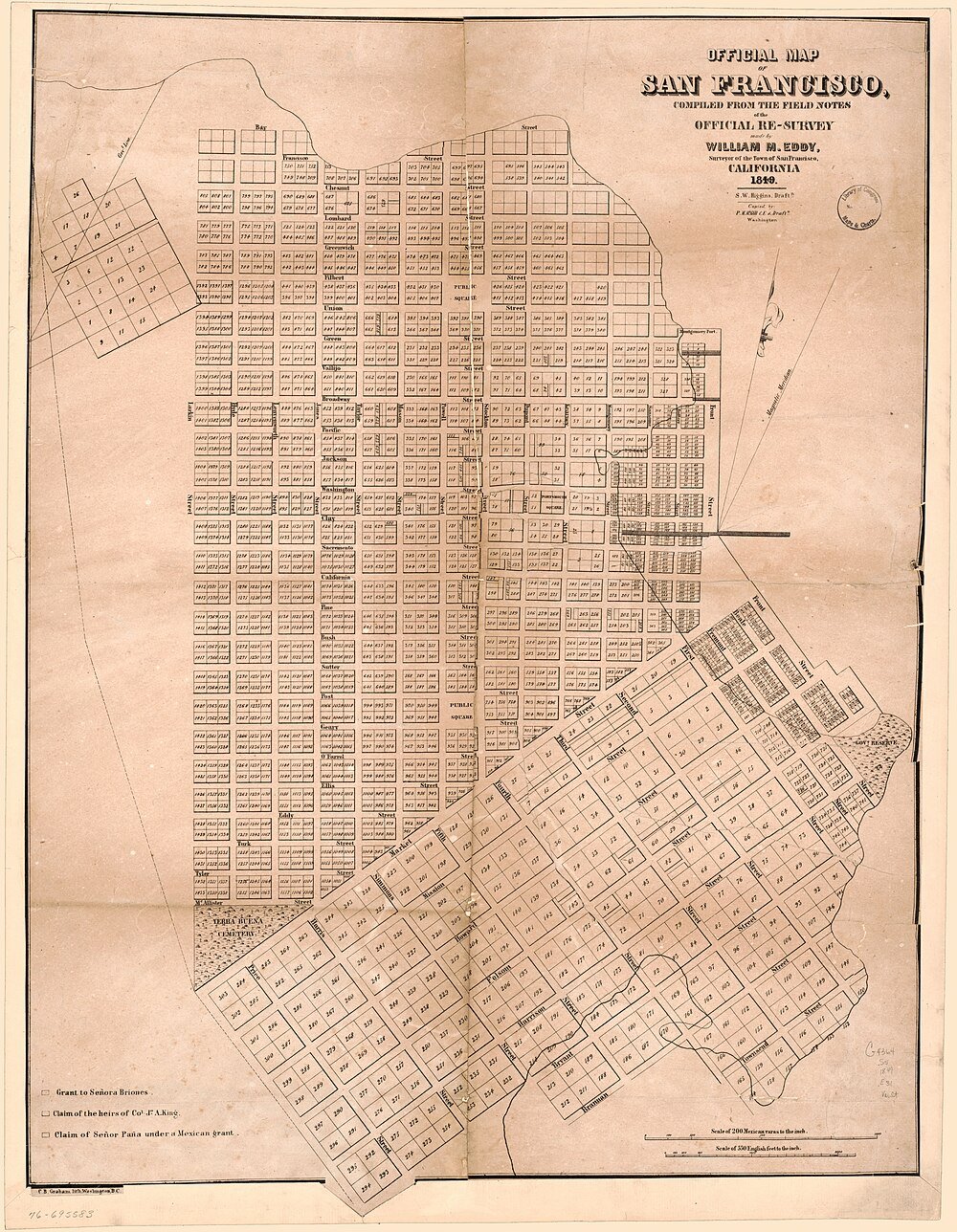1849 Officiële Kaart van San Francisco door William M. Eddy Officiële kaart van San Francisco uit 1849 met gedetailleerd stratenplan en landpercelen van William M. Eddy's onderzoek
