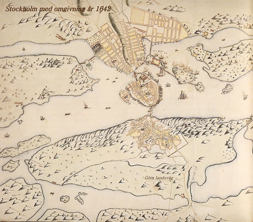 Kaart van Stockholm en omgeving in 1642 Historische kaart van Stockholm en omgeving in 1642 met oude stadsindeling, waterwegen en wegen inclusief Göta landsväg.