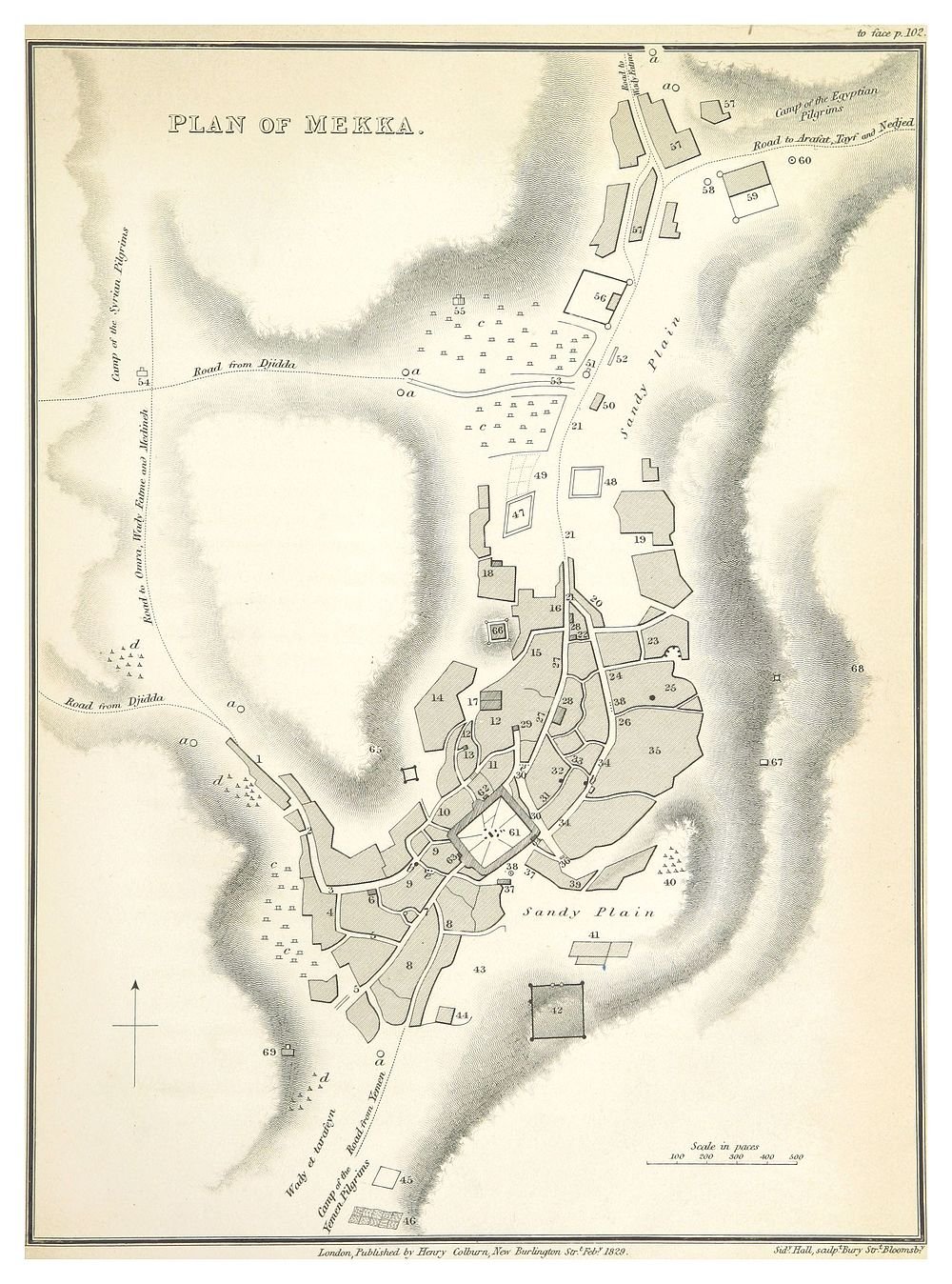 Vintage Plan van Mekka Kaart 1829 Gedetailleerde vintage kaart die het plan van Mekka toont met wegen, kampen, gebouwen en zandvlakten uit 1829.