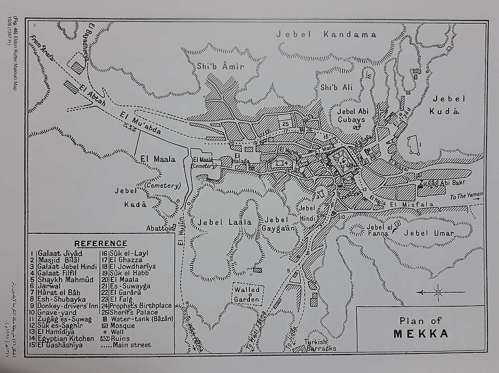 Historisch Plan van Mekka met Bezienswaardigheden en Straten Gedetailleerde historische kaart van Mekka met bezienswaardigheden, straten, begraafplaatsen en belangrijke locaties met referentienummers.