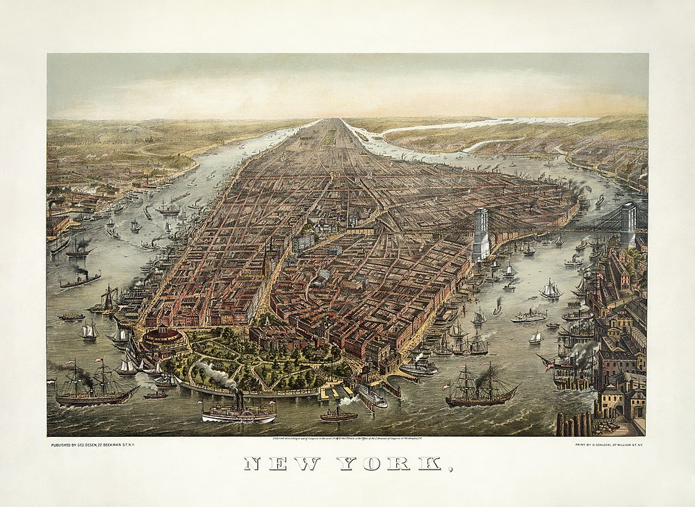 Historische Vogelperspectief Kaart van New York City Vintage vogelperspectief kaart van New York City met Manhattan, rivieren, bruggen en talrijke zeilschepen.