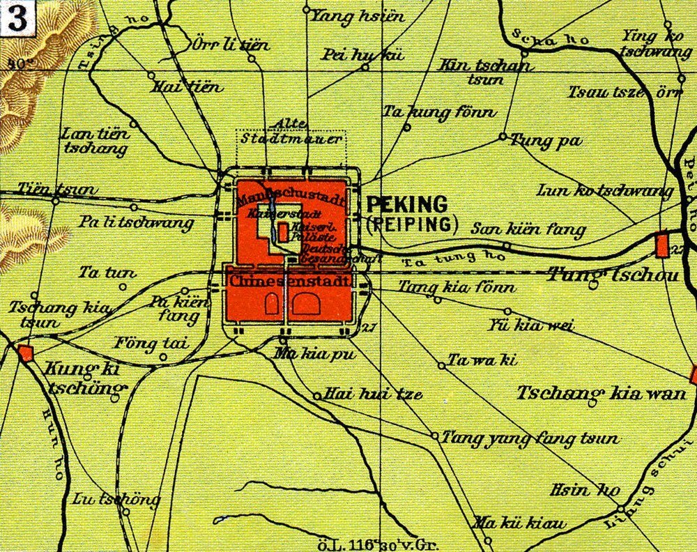 Vintage kaart van Peking (Beijing) met spoorwegroutes Vintage kaart met Peking (Beijing) en omliggende steden met oude Duitse labels en spoorlijnen