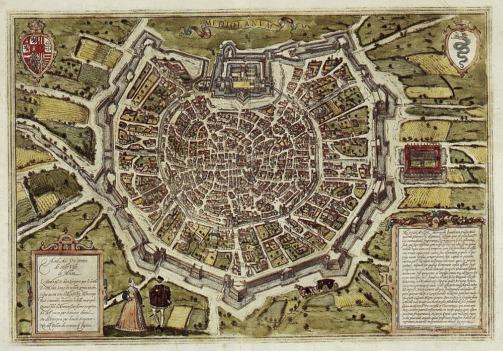 Antieke Kaart van Milaan met Stadsmuren en Straten Historische kaart van de stad Milaan met gedetailleerde straten, vestingwerken en omliggend platteland uit een oud manuscript.