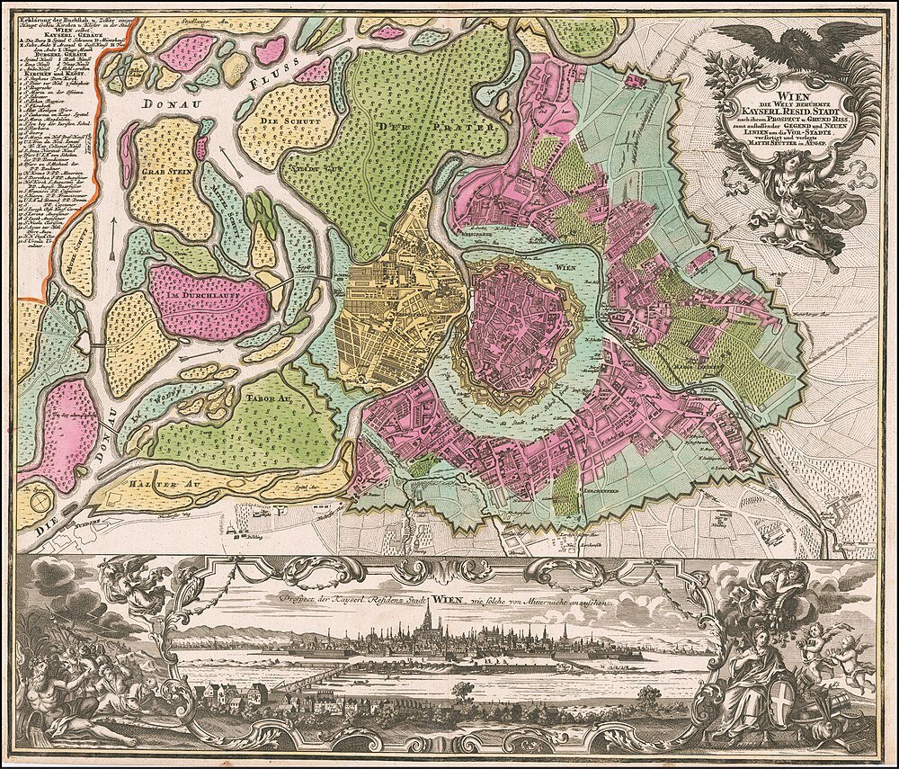 Antieke gedetailleerde kaart van de stad Wenen met kleurrijke districten en historische rivierindeling, inclusief Donau Fluss en stadsversterkingen.
