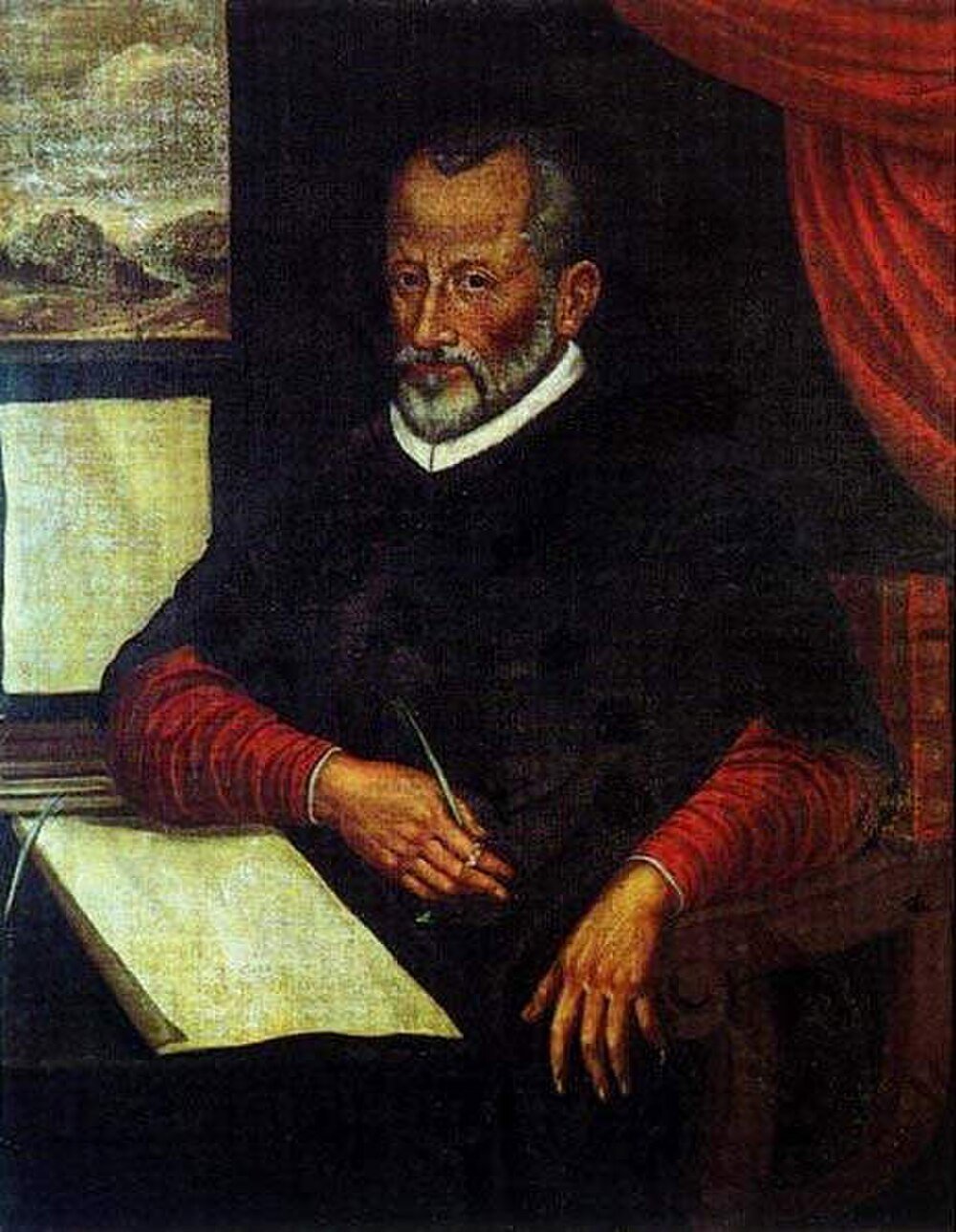 Renaissance Man Schrijvend met Ganzenveer en Papier Portret van een Renaissance man met een ganzenveer en papier, zittend bij een raam met een landschapsschilderij op de achtergrond