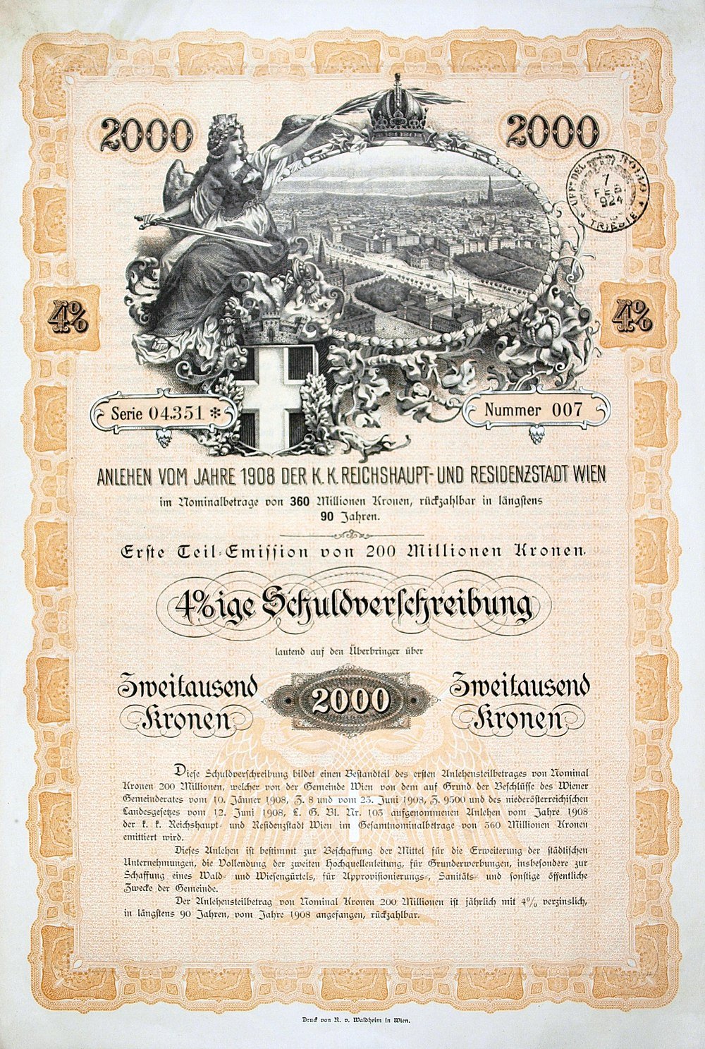 1908 Oostenrijkse 4% Obligatiecertificaat Wenen Vintage 1908 Oostenrijkse obligatiecertificaat met sierlijk ontwerp, 4% rente en stadsgezicht illustratie van Wenen