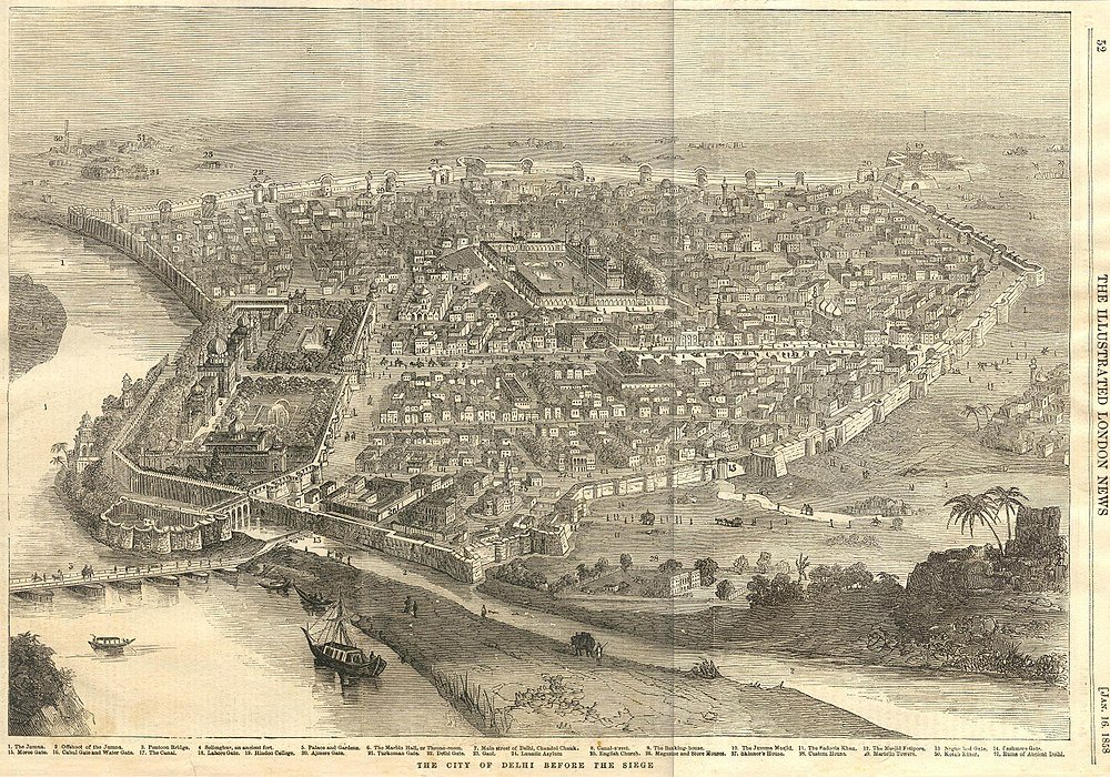 Vintage Illustratie van Delhi Stad Voor de Belegering Gedetailleerde vintage illustratie van de oude ommuurde stad Delhi voor de belegering, met forten, paleizen en de rivier.