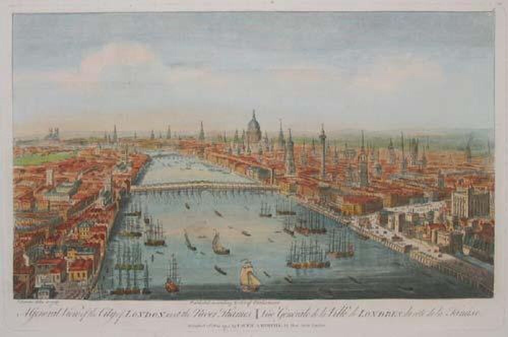 Historisch panoramisch uitzicht op de stad Londen met rivier de Theems, talrijke zeilschepen en iconische gebouwen onder een heldere hemel