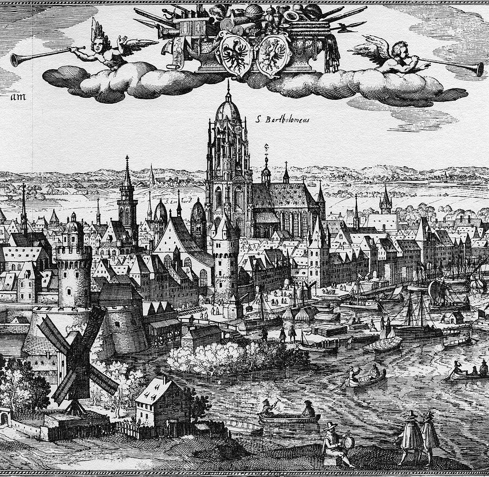 Historisch Europees stadsgezicht gravure met kathedraal en haven Gedetailleerde vintage gravure van een historisch Europees stadsgezicht met een grote kathedraal, windmolen en rivierhaven