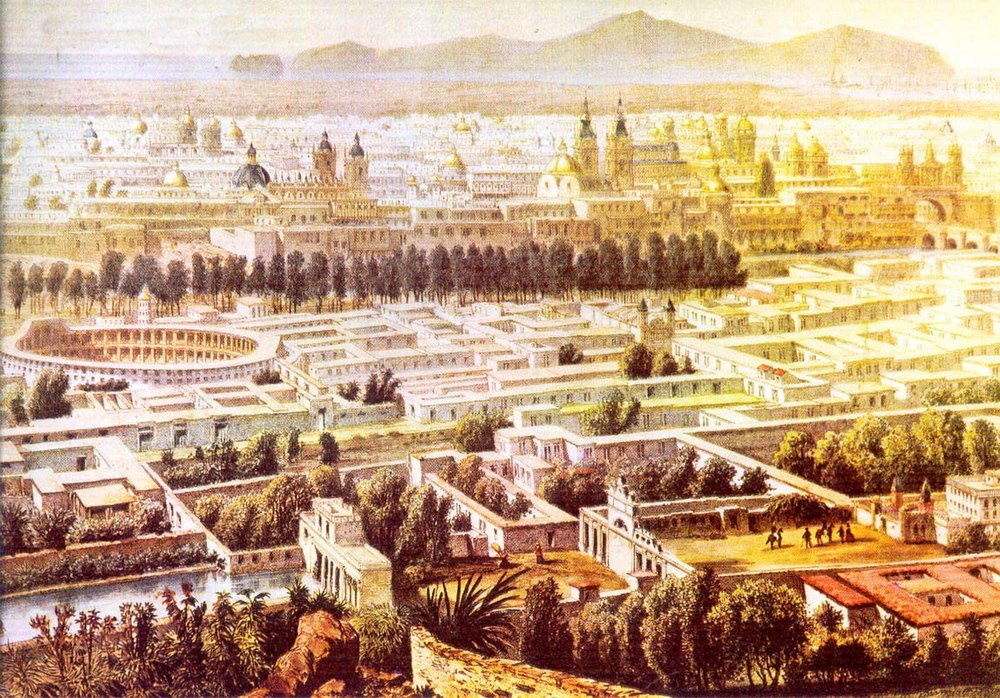Panoramisch uitzicht op oude stad met klassieke gebouwen Historisch panoramisch uitzicht op een oude stad met klassieke architectuur, koepels, colosseum en weelderig groen
