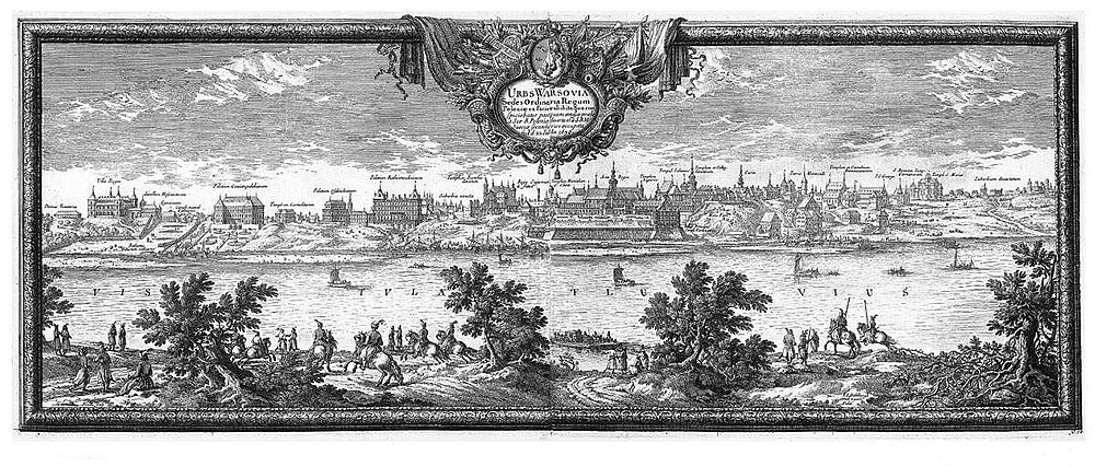 17e-eeuwse gravure van het stadsgezicht van Warschau Historische panoramische gravure van het stadsgezicht van Warschau met de Wisla en gedetailleerde architectonische bezienswaardigheden uit de 17e eeuw