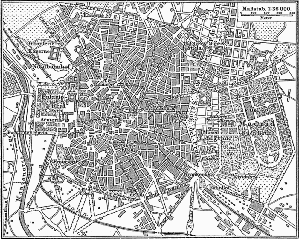 Vintage kaart van het stadscentrum van Madrid in het Duits Vintage gedetailleerde zwart-wit kaart van het stadscentrum van Madrid met bezienswaardigheden en straatnamen in het Duits