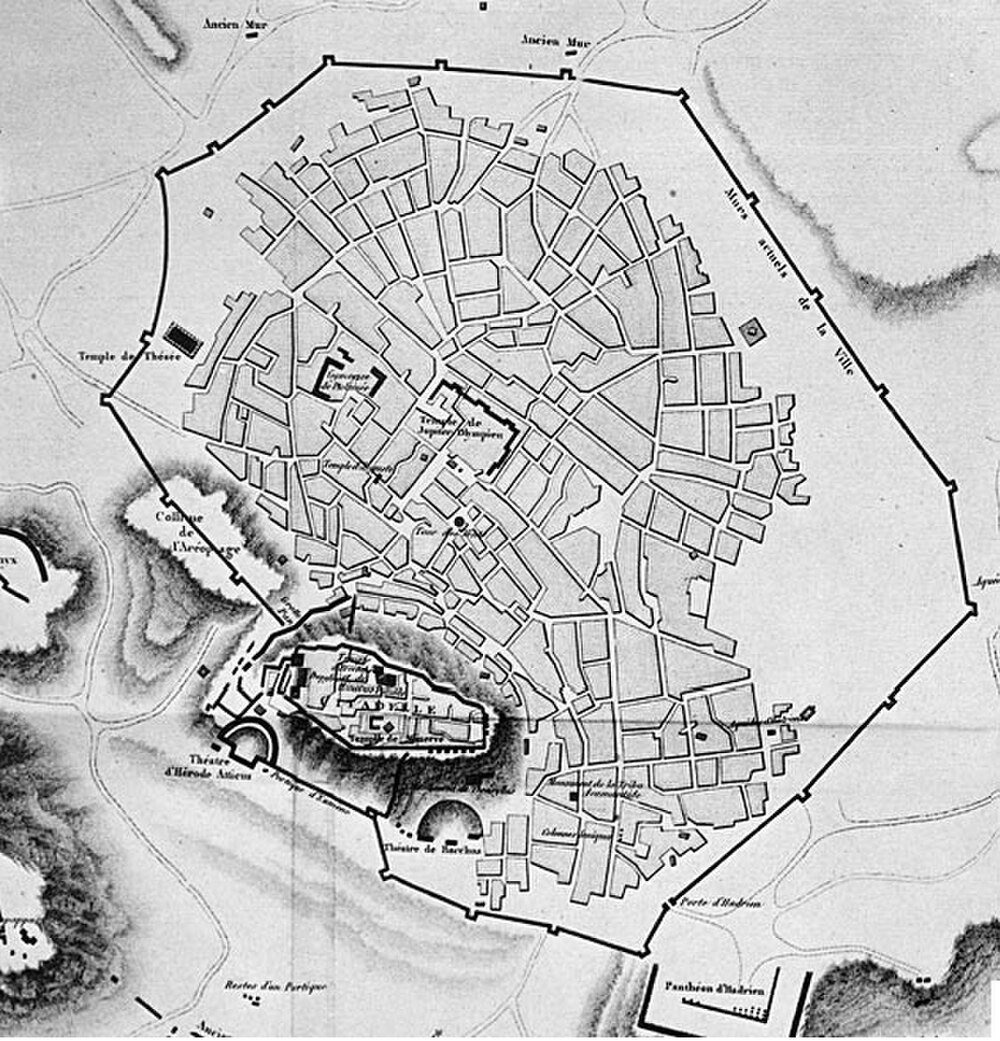 Oude stadskaart met gedetailleerde indeling van straten, tempels, theaters en stadsmuren met gelabelde bezienswaardigheden