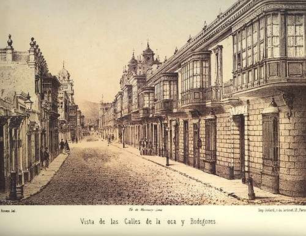 Koloniaal straatbeeld met balkons en kasseien Historisch sepia straatbeeld van koloniale architectuur met balkons en kasseien in een Latijns-Amerikaanse stad