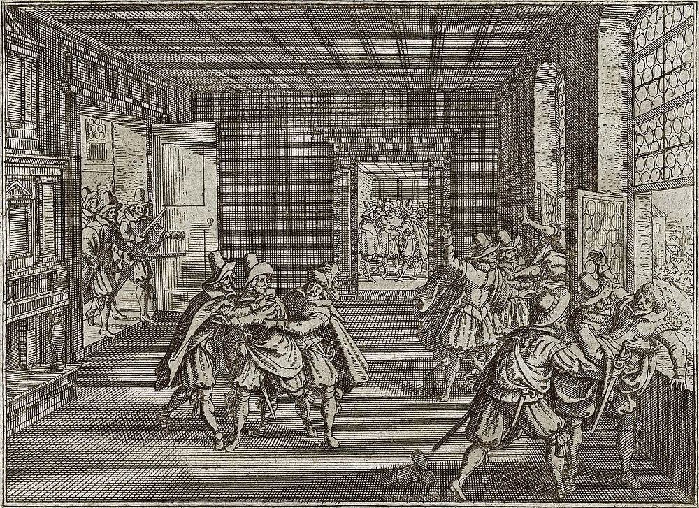 Historische gravure die een dramatische scène toont van mannen in kleding uit die tijd die betrokken zijn bij een confrontatie in een grote kamer.