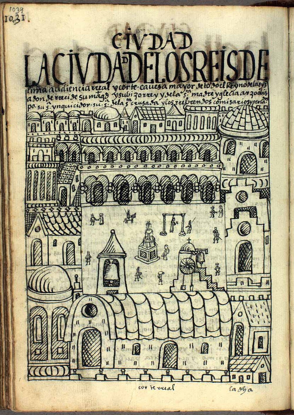 Historische tekening van Ciudad de los Reyes Historische zwart-wit tekening van een koninklijke stad met gedetailleerde architectuur en mensen, getiteld Ciudad de los Reyes