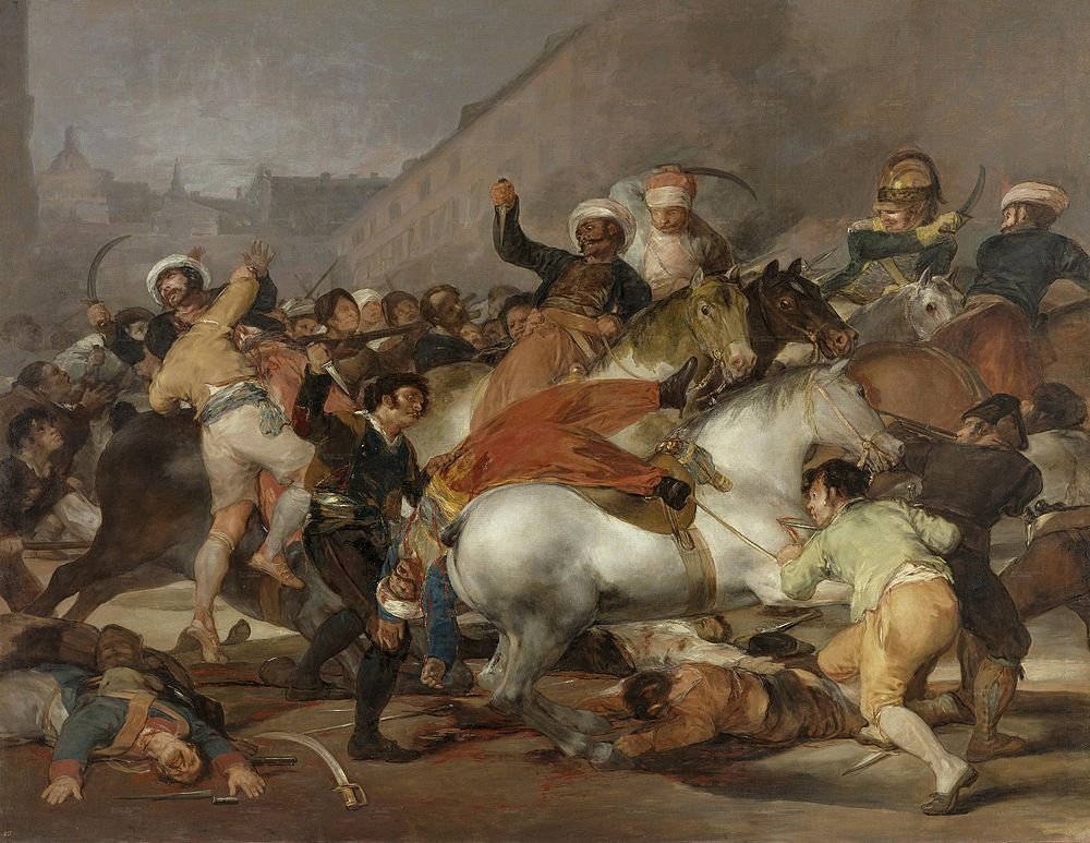 Historische veldslag met ruiters en zwaarden Historische veldslag met soldaten die te paard vechten met zwaarden en kromzwaarden in chaotisch straatgevecht