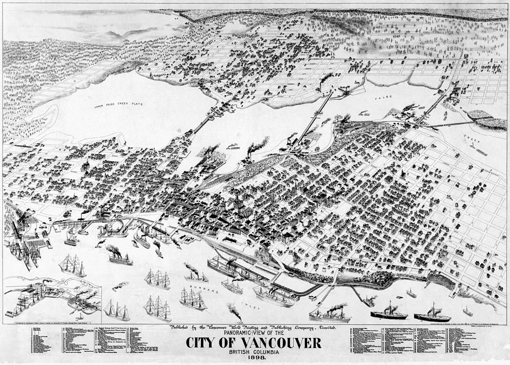 Panoramisch Uitzicht op Vancouver Stad 1898 Panoramische geïllustreerde kaart van de stad Vancouver, British Columbia in 1898 met straten, gebouwen en waterkant met schepen