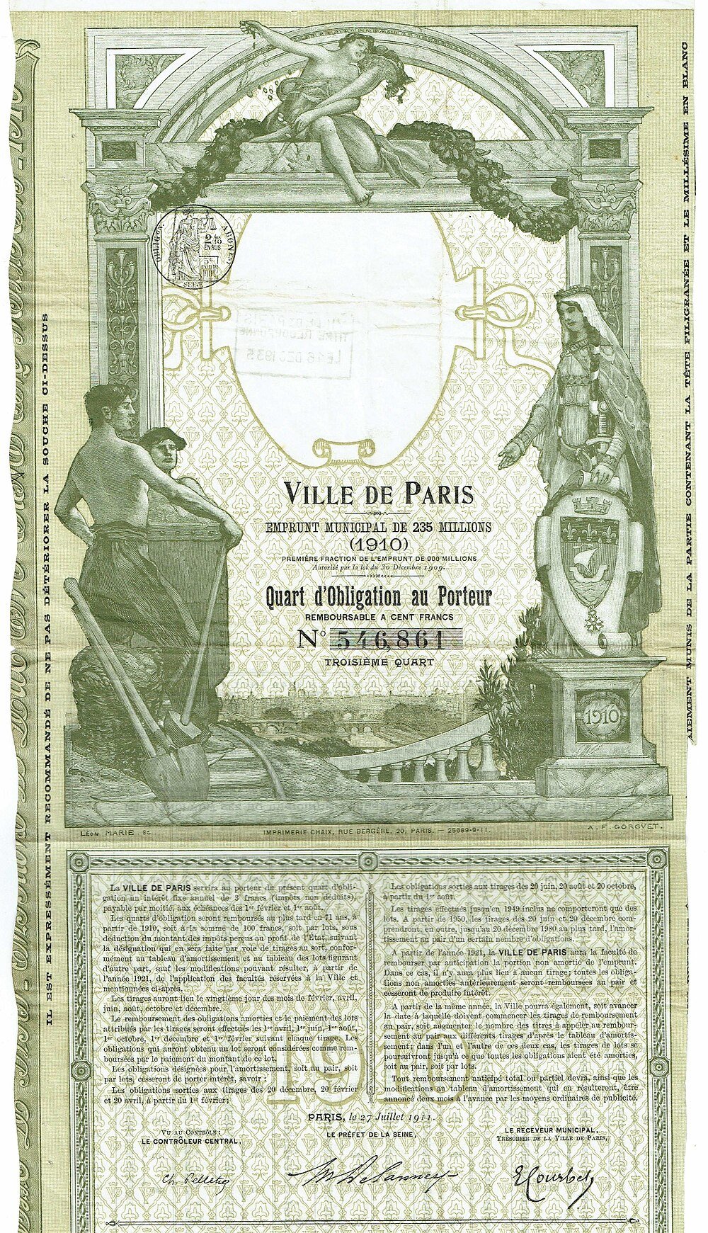 1910 Ville de Paris Gemeentelijke Obligatiecertificaat Vintage 1910 Ville de Paris gemeentelijke obligatiecertificaat met gedetailleerd klassiek artwork en inscripties in het Frans
