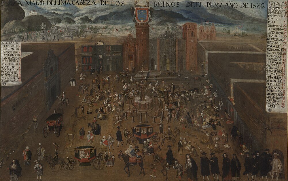 Schilderij uit 1680 van het Hoofdplein van Lima met Markt en Mensen Historisch schilderij uit 1680 van het hoofdplein van Lima met koloniale architectuur, markthandelaren, koetsen en stadsbewoners in traditionele kleding