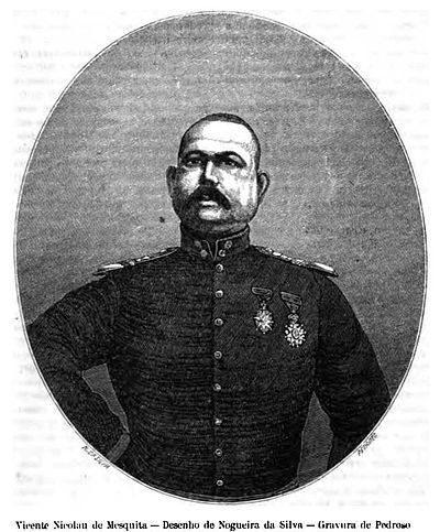 Illustratie van Militaire Officier Vicente Nicolau de Mesquita Vintage zwart-wit illustratie van militaire officier Vicente Nicolau de Mesquita met medailles op uniform