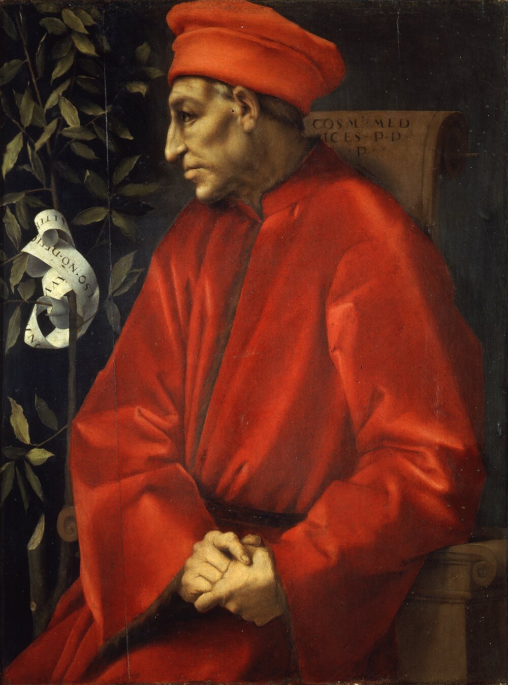 Renaissance Man in Rode Kleding Portret Portret van een man in rode Renaissance-kleding met een rode hoed zittend op een stoel met een achtergrond van een rol en bladeren