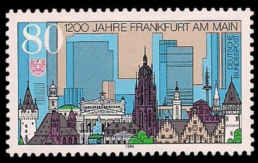 1200 Jaar Frankfurt am Main Duitse Postzegel 1984 Duitse postzegel ter viering van 1200 jaar Frankfurt am Main met stadsgezicht en illustratie van bezienswaardigheden
