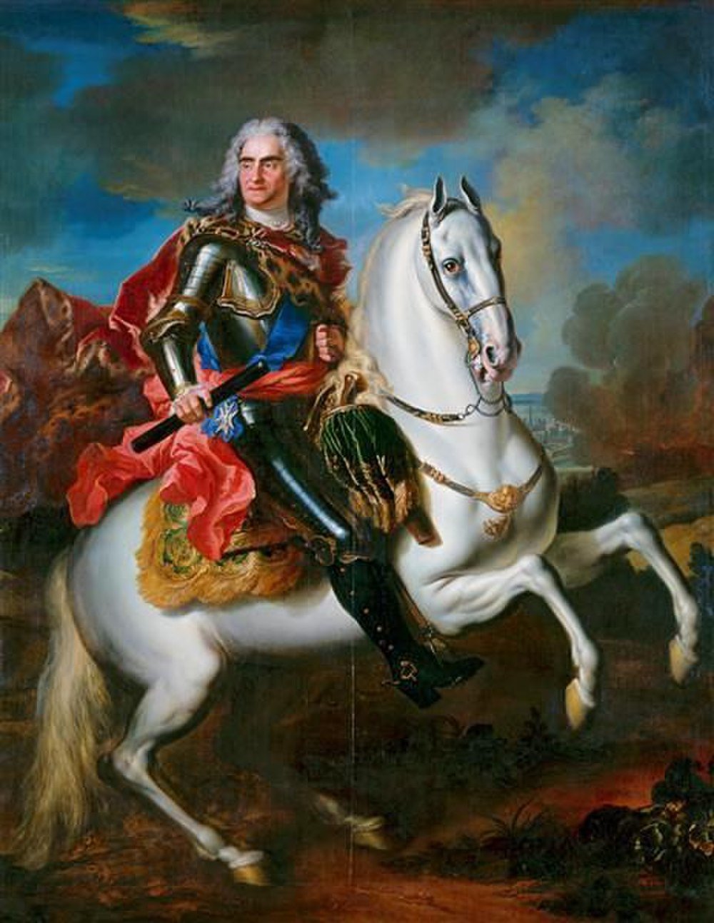 Edelman op wit paard historisch schilderij Historisch schilderij van een edelman in harnas die op een wit paard rijdt met een dramatische lucht en landschap op de achtergrond