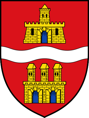 Rood schild met gouden kastelen en witte golvende band Rood heraldisch schild met twee gouden kastelen en een witte golvende horizontale band die middeleeuwse vestingwerken symboliseert