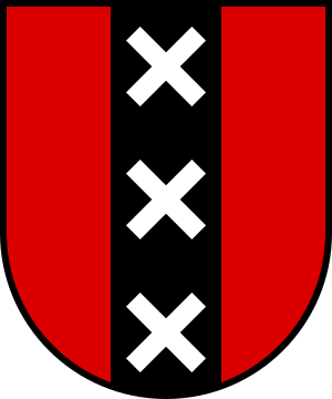 Wapen van Amsterdam met Drie Witte Kruisen Rood schild met een verticale zwarte streep met drie witte Andreaskruisen, symbool van het wapen van Amsterdam